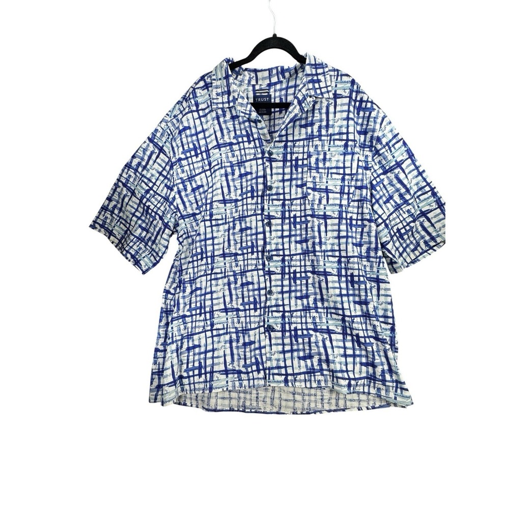 TRUST Mens 4X Linen Rayon Button Up Shirt Blue White Abstract Short Sleeve